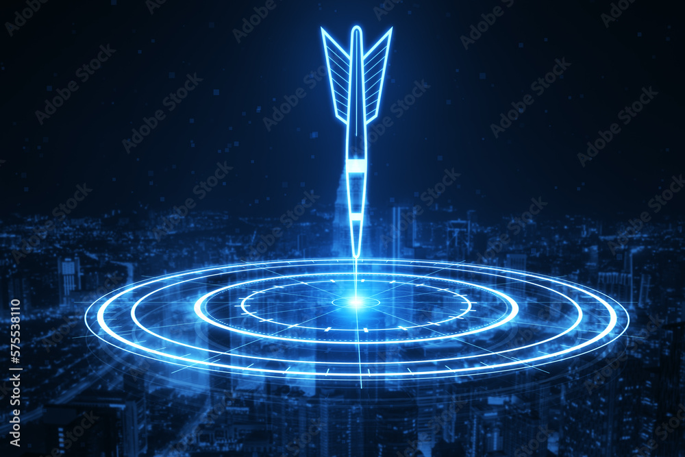 Poster target concept with a glowing hologram of bullseye and arrow hitting the center. growth strategy. go