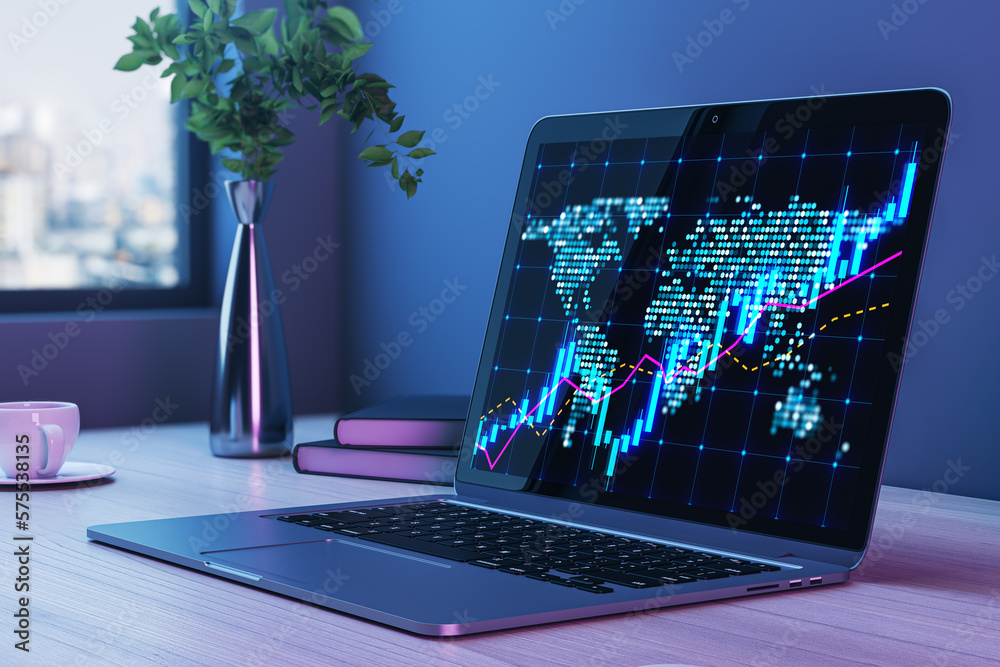 Poster close up of laptop on desktop with coffee cup, decorative plant and glowing candlestick forex chart 