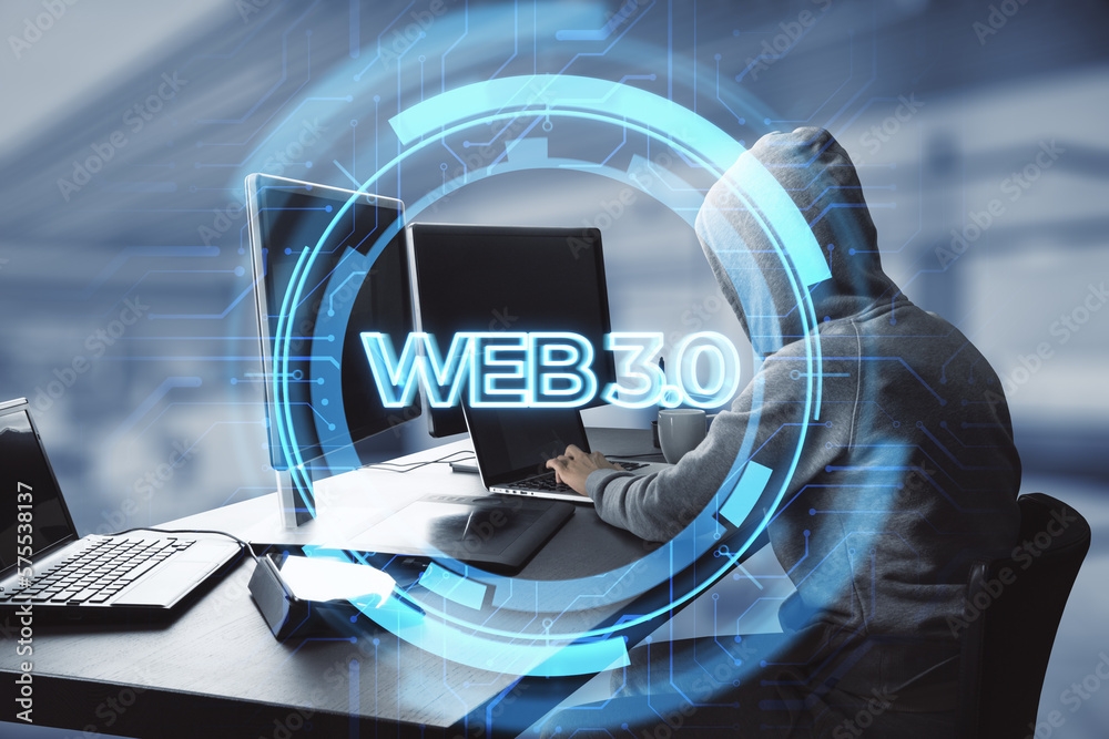 Poster Web 3.0 - a new generation of the Internet, using blockchain and AI, modern technologies IoT. Side view of hacker at desktop using laptop with hologram on blurry background. Double exposure.