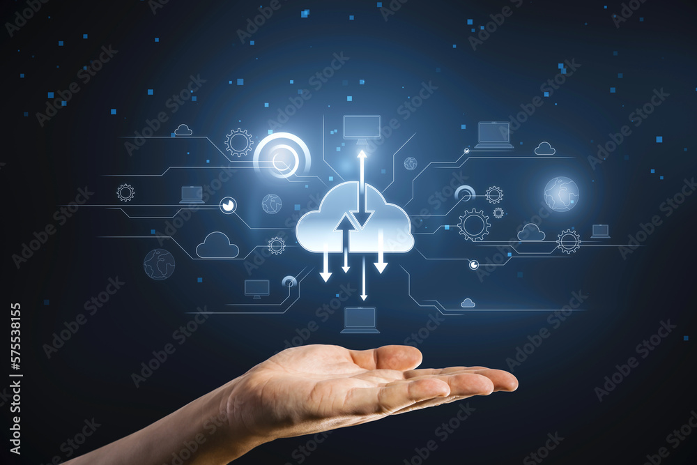 Aufkleber Cloud computing and data exchange concept with digital cloud symbol with arrows on dark technological background above man hand palm