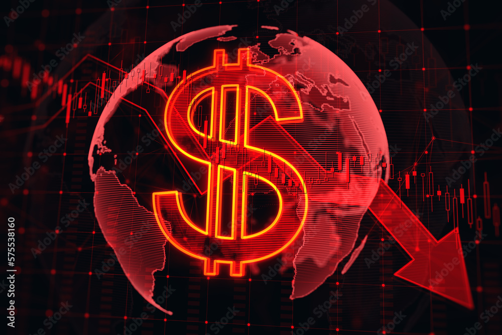 Poster bearish stock market, investing and weakening of the currency concept with glowing digital red dolla