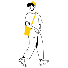 vector flat design trendy linear image stylish modern man, guy, boy, student, teenager walking down the street. street style. useful for web, graphic design, print, card, poster, flyer. 2d people.