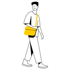 vector flat design trendy linear image stylish modern man, guy, boy, student, teenager walking down the street. street style. useful for web, graphic design, print, card, poster, flyer. 2d people.