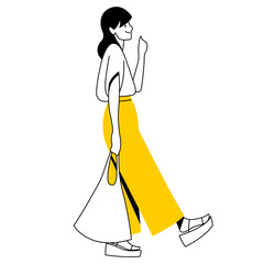 vector trendy linear image of a beautiful stylish girl in fashionable clothes walking down the street. street style, fashion. useful for architectural drawing, industrial design, web, graphic design