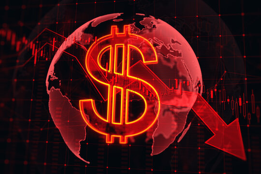 Bearish stock market, investing and weakening of the currency concept with glowing digital red dollar symbol, falling financial chart candlestick and arrow on world map globe background. 3D rendering