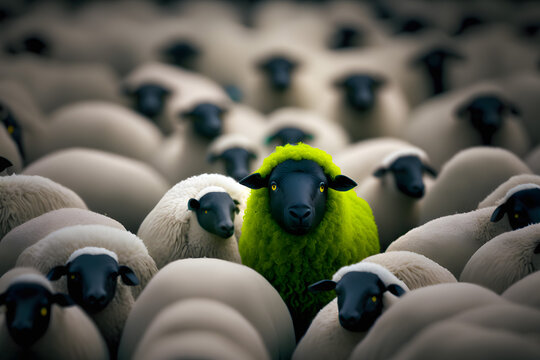 Green sheep in a herd of other whites. Be a white crow. To be different. Generative AI