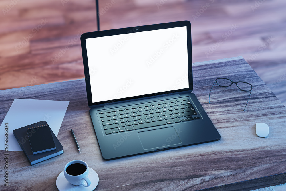 Aufkleber Perspective view on blank white modern laptop screen with space for your web design or landing page on wooden table with coffee cup and office tools on floor background. 3D rendering, mock up