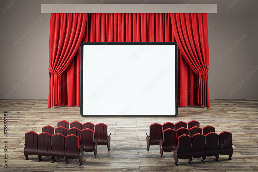 Poster Online cinema concept with front view on blank white huge digital tablet screen with place for your web site or logo brand in front of chairs on red backstage curtain background. 3D rendering, mock up