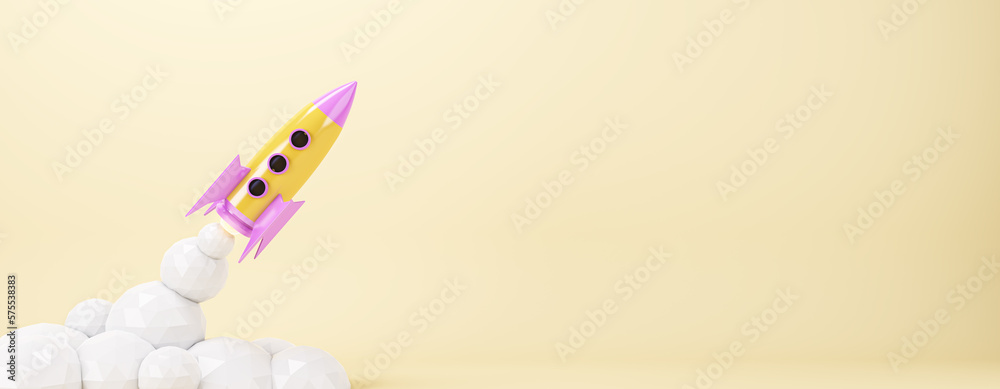 Poster Launching rocket on wide pink background with mock up place. Start up, new beginning and success concept. 3D Rendering.