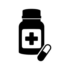 Medicine bottle and pills icon. Black and white icon. Vector illustration.