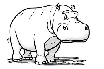 Cute hippo drawing, line art illustration