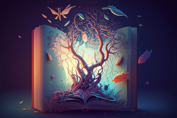 Open book with tree. Magic book with magic lights. Imagination consept. Education concept created with Generative AI technology
