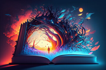 Open book with tree and man on it. Magic book with magic lights. Imagination consept created with Generative AI technology