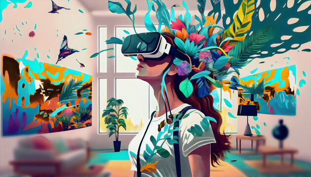 A girl painting in virtual reality with a VR headset