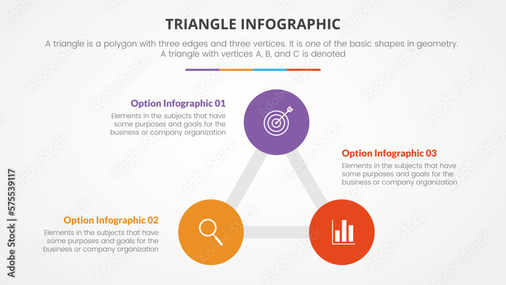 Aufkleber infographic triangle concept for slide presentation with 3 point list with flat style
