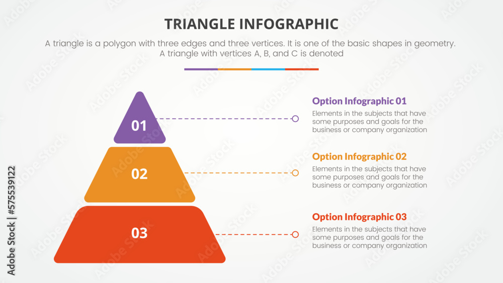 Poster infographic triangle concept for slide presentation with 3 point list with flat style