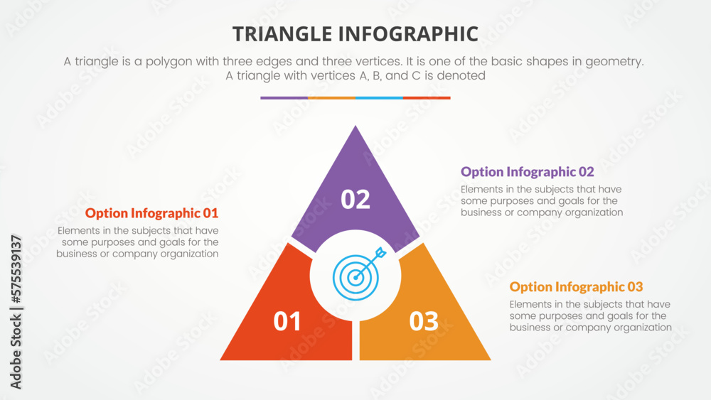 Aufkleber infographic triangle concept for slide presentation with 3 point list with flat style