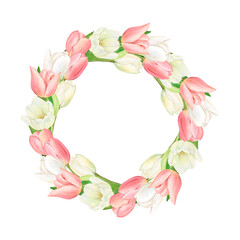 Obraz na płótnie Canvas Watercolour wreath of beautiful white and pink tulips. Hand-drawn with a space for your words or photo in the center