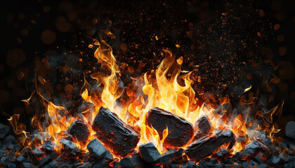 Fototapeta na wymiar Burning charcoal for BBQ on black. Based on Generative AI