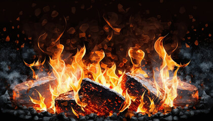 Obraz na płótnie Canvas Burning charcoal for BBQ on black. Based on Generative AI