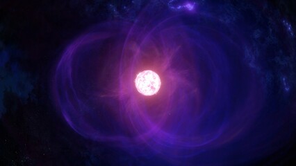 Super massive white star erupting solar flares. 3D illustration concept of giant alien sun against purple and black hostile dark matter space nebula. Hyperrealistic celestial supernova plasma burst.