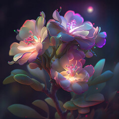 Adenium flowers in light effects, surreal, colorful, fantasy, spectacular lighting, generated in AI