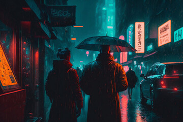 Plakat rainy city, style cyberpunk concept, generative ai