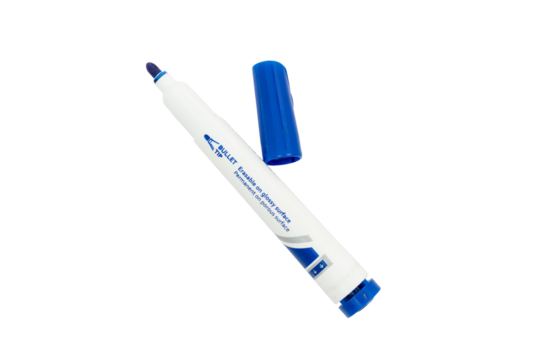 Erasable blue marker with cap on whiteboard