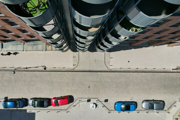 A modern housing estate on the site of an old brewery in Gdańsk, shown with a drone from the air © sebastiangora