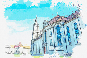 Obraz na płótnie Canvas Watercolor drawing beautiful street view in St. Gallen. UNESCO world heritage of this world, famous landmark at Switzerland.