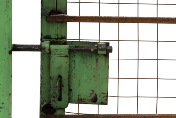 Texture of a metal mesh with a latch, a lock, a torn metal mesh. prison cell