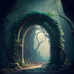 Spectacular archway covered with vine in the middle of fantasy