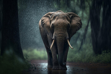 Fototapeta na wymiar elephant in the rain in the jungle, generative ai