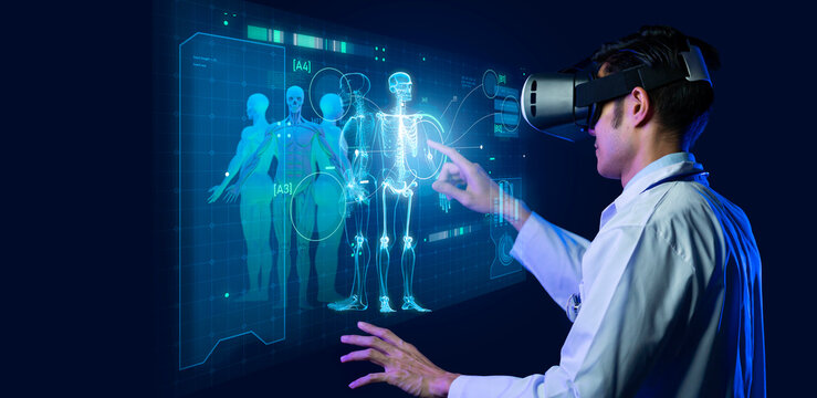 Digital doctor healthcare science medical remote technology concept AI metaverse doctor optimize patient care medicine pharmaceuticals biologics treatment VR examination diagnosis doctor working 