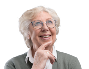 Smiling senior woman thinking with hand on chin