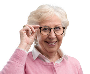 Happy senior lady posing and showing her glasses