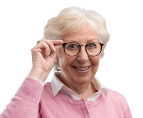 Happy senior lady posing and showing her glasses