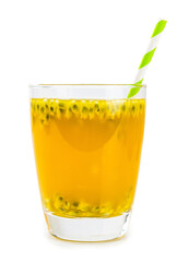 Maracuja Juice isolated on white background (selective focus; close-up shot)
