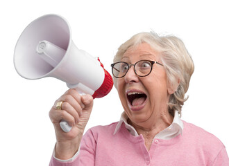 Cheerful senior lady shouting into a megaphone
