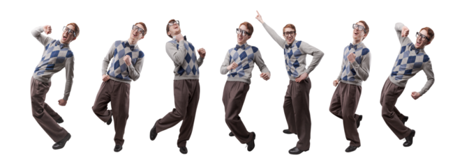 Nerd student enjoys dancing isolated on white background
