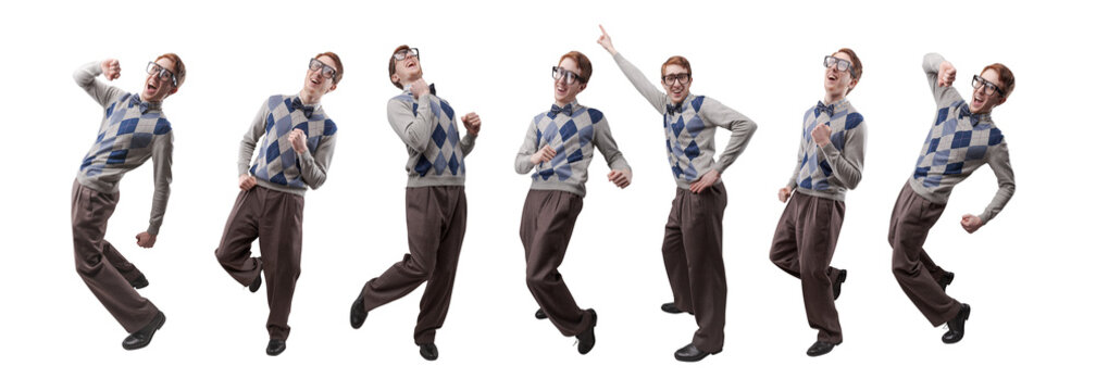 Nerd student enjoys dancing isolated on white background