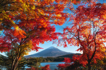 Mount Fuji with colorful leaves as foreground