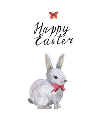 Watercolor set of Easter elements, eggs, rabbit, chicken, commendable lettering,flowers