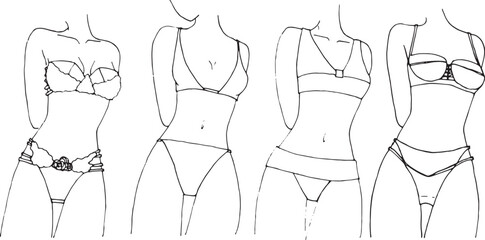 Fashion flats sketch template. Underwear woman design. Black and white outline vector.