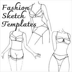 Fashion flats sketch template. Underwear woman design. Black and white outline vector.