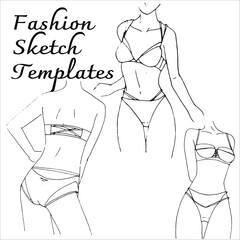 Fashion flats sketch template. Underwear woman design. Black and white outline vector.
