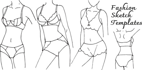 Fashion flats sketch template. Underwear woman design. Black and white outline vector.