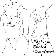 Fashion flats sketch template. Underwear woman design. Black and white outline vector.