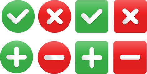 Set of transparent PNG square check mark, X mark, plus sign and minus sign icons, buttons isolated on a white background. 