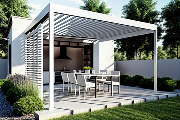 Modern patio furniture include a pergola shade structure, an awning, a patio roof, a dining table, seats, and a metal grill. Generative AI - obrazy, fototapety, plakaty